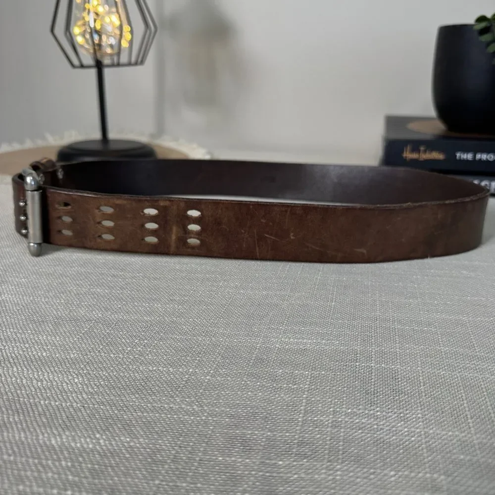 Vintage Brown Leather Belt Western Boho Wide Distressed Thru The Loop Size 34